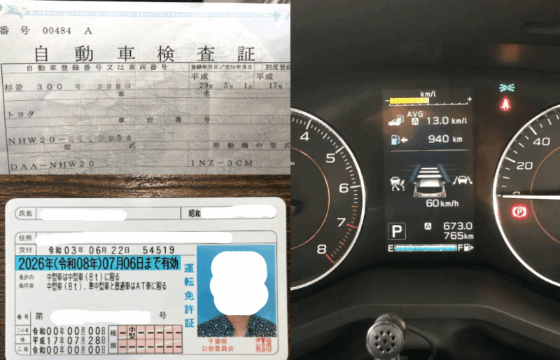 車検証、運転免許証、オドメーター(走行距離)などの写真